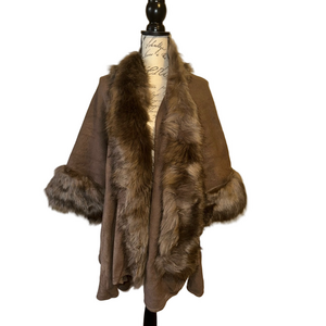 May Logan Faux Fur Trim Wrap Shawl Poncho – Mocha Brown – One Size